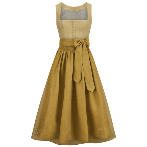 Mustard yellow dress with a bow detail on a white background