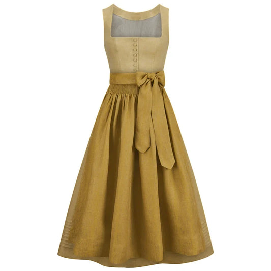 Mustard yellow dress with a bow detail on a white background