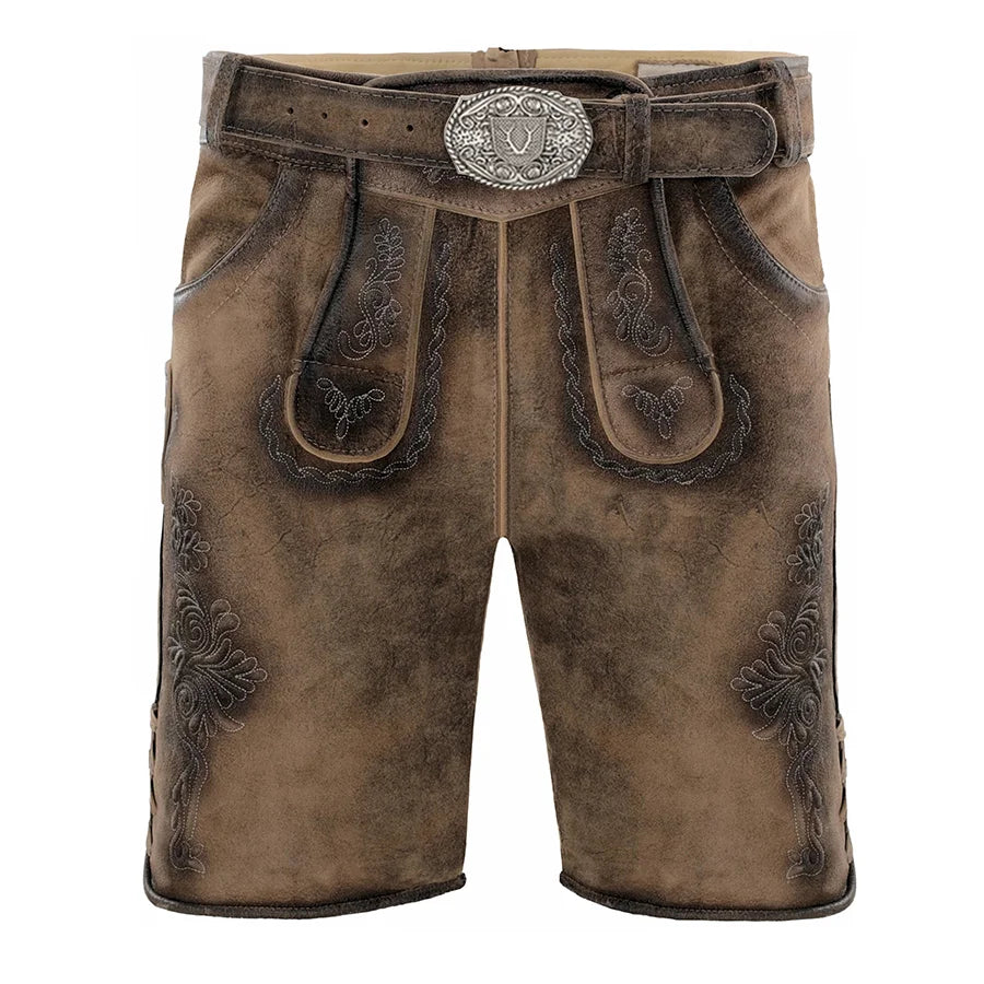 Brown leather shorts with decorative stitching and a belt on a white background