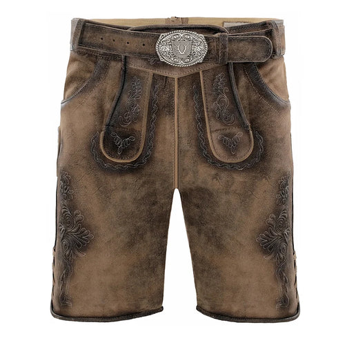 Brown leather shorts with decorative stitching and a belt on a white background