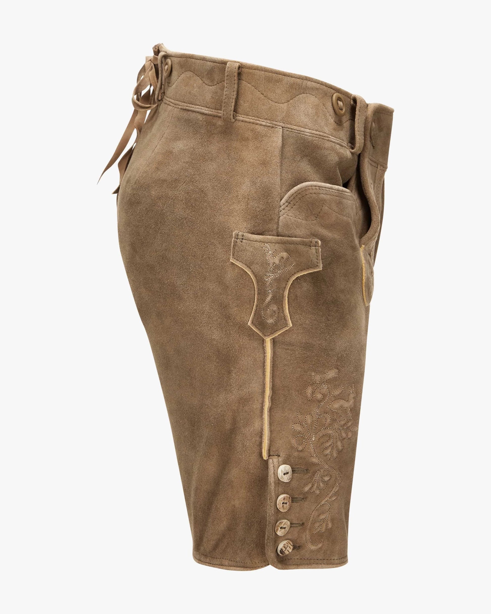 Brown leather pants with decorative elements on a white background