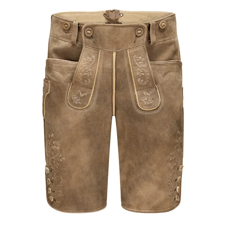 Brown leather shorts with decorative stitching on a white background