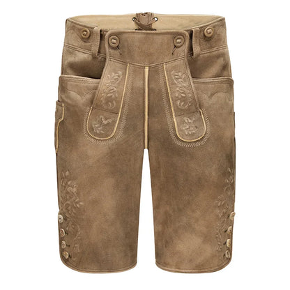 Brown leather shorts with decorative stitching on a white background