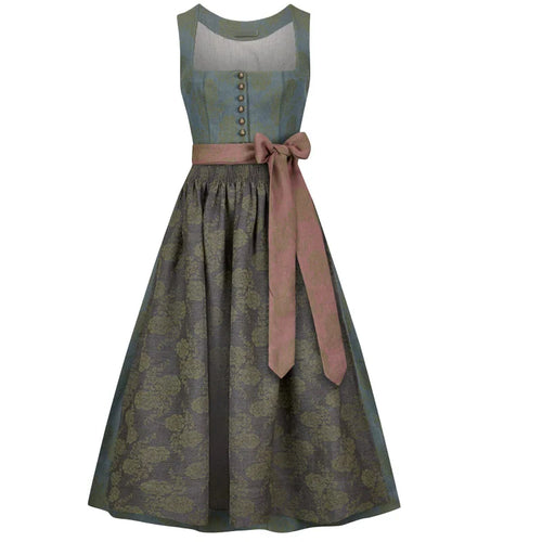 Green floral dress with a pink belt on a white background