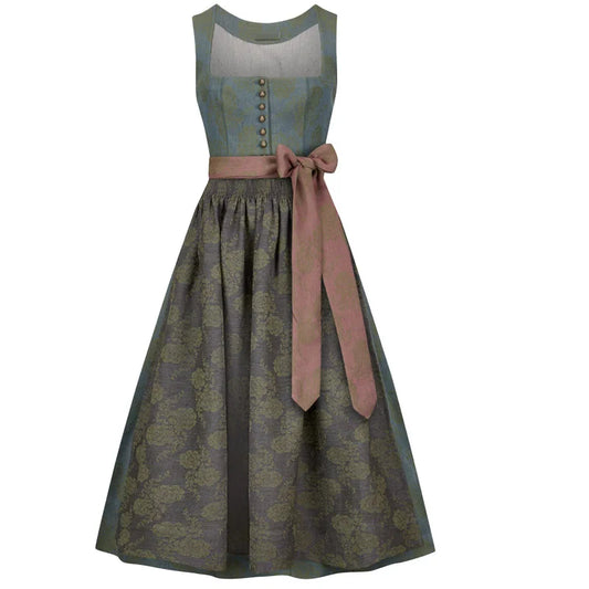 Green floral dress with a pink belt on a white background