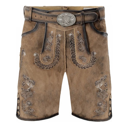 Brown leather shorts with intricate embroidery and a belt on a white background