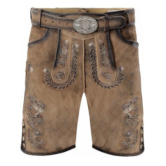 Brown leather shorts with intricate embroidery and a belt on a white background