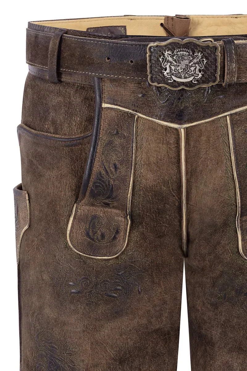 Brown leather pants with a belt featuring a decorative buckle on a white background