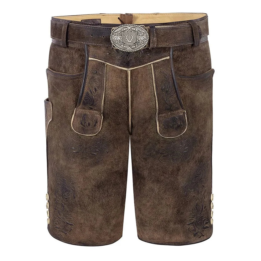 Brown leather shorts with a belt and decorative buckle on a white background
