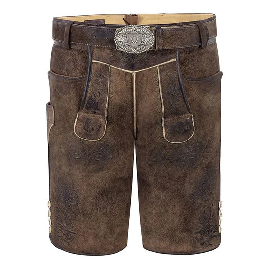 Brown leather shorts with a belt and decorative buckle on a white background