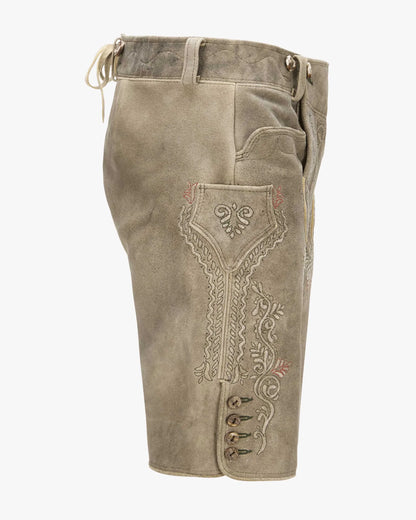 Brown leather shorts with decorative stitching on a white background