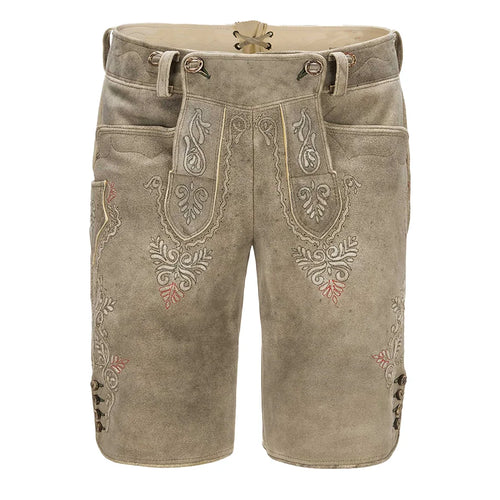 Traditional brown leather shorts with embroidery on a white background