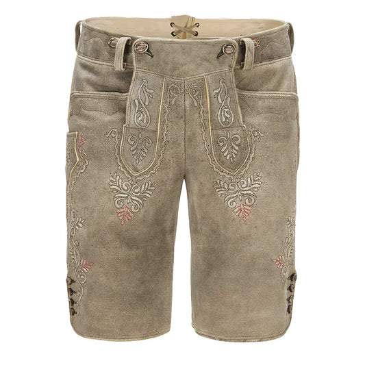 Traditional brown leather shorts with embroidery on a white background