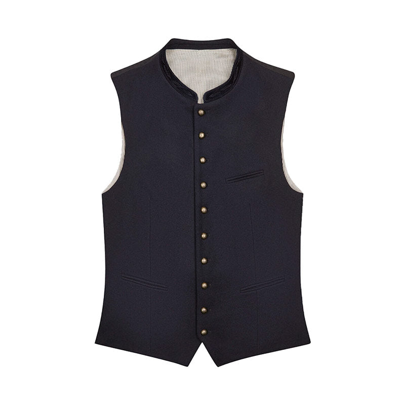 Black vest with button details on a white background