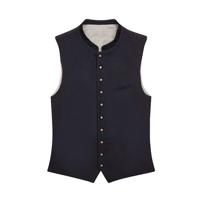 Black vest with button details on a white background