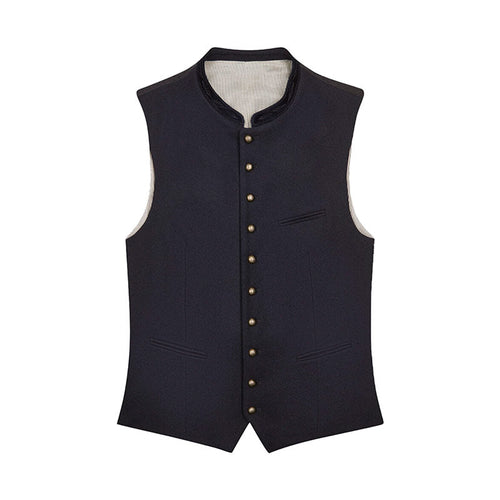 Black vest with button details on a white background