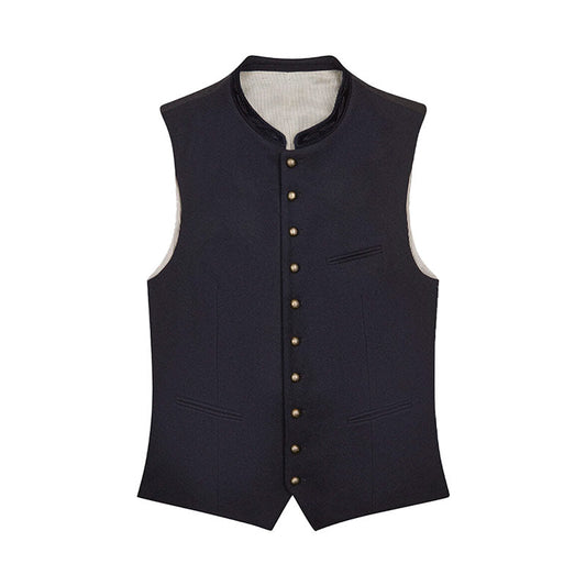 Black vest with button details on a white background