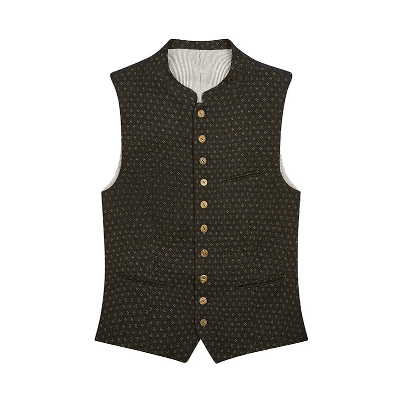 Dark patterned vest with gold buttons on a white background
