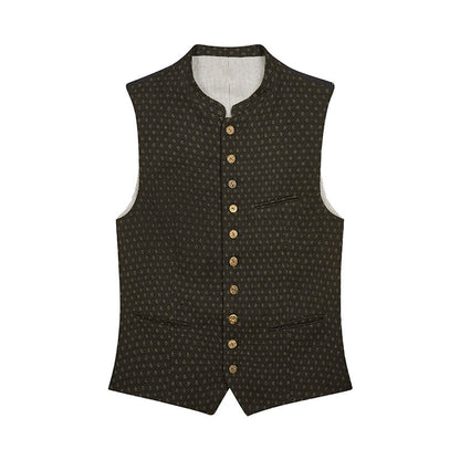 Dark patterned vest with gold buttons on a white background