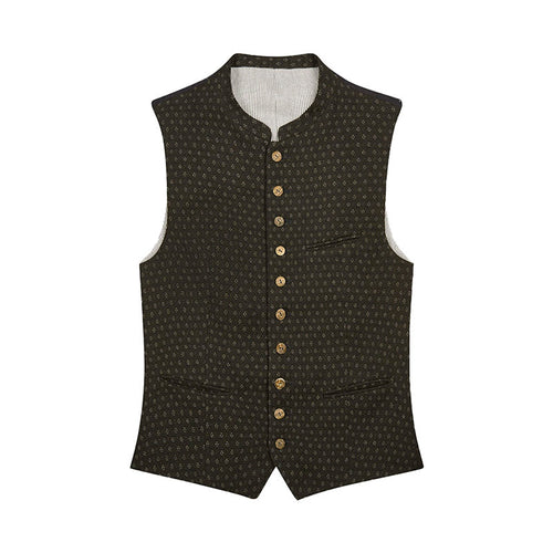 Dark patterned vest with gold buttons on a white background