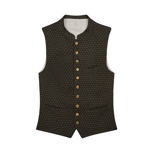 Dark patterned vest with gold buttons on a white background
