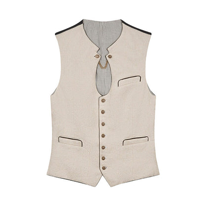 Beige vest with button details on a white background
