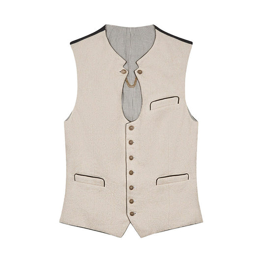 Beige vest with button details on a white background