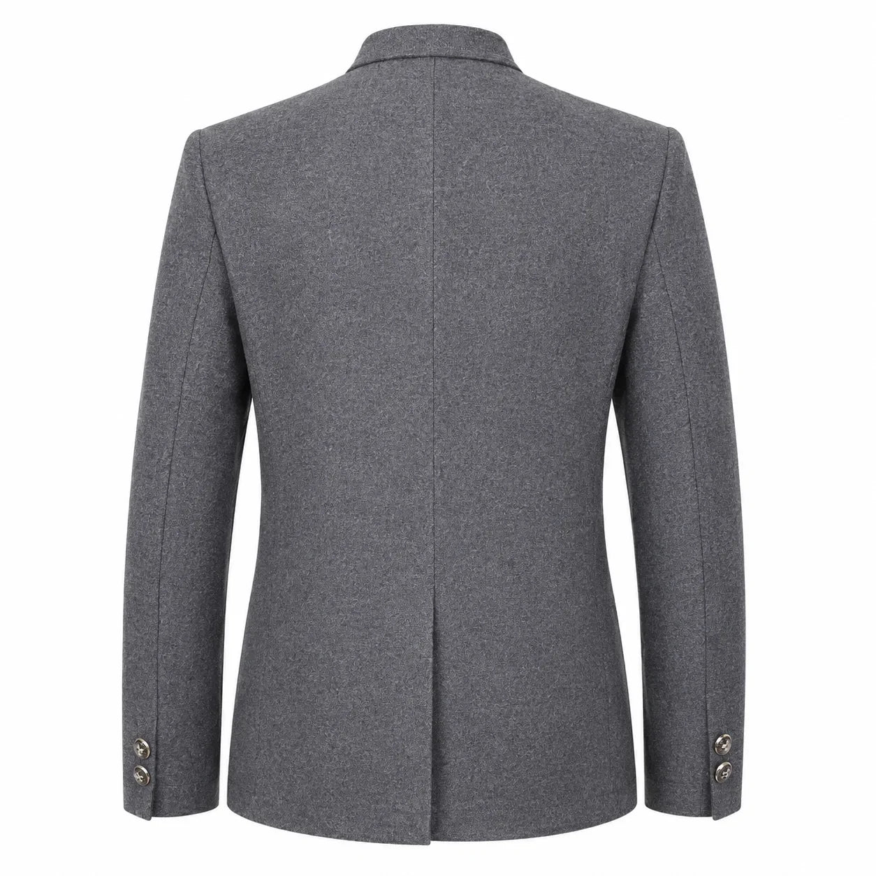 A gray textured blazer shown from the back, featuring a central seam, notched lapels, and button details on the cuffs, set against a plain white background.