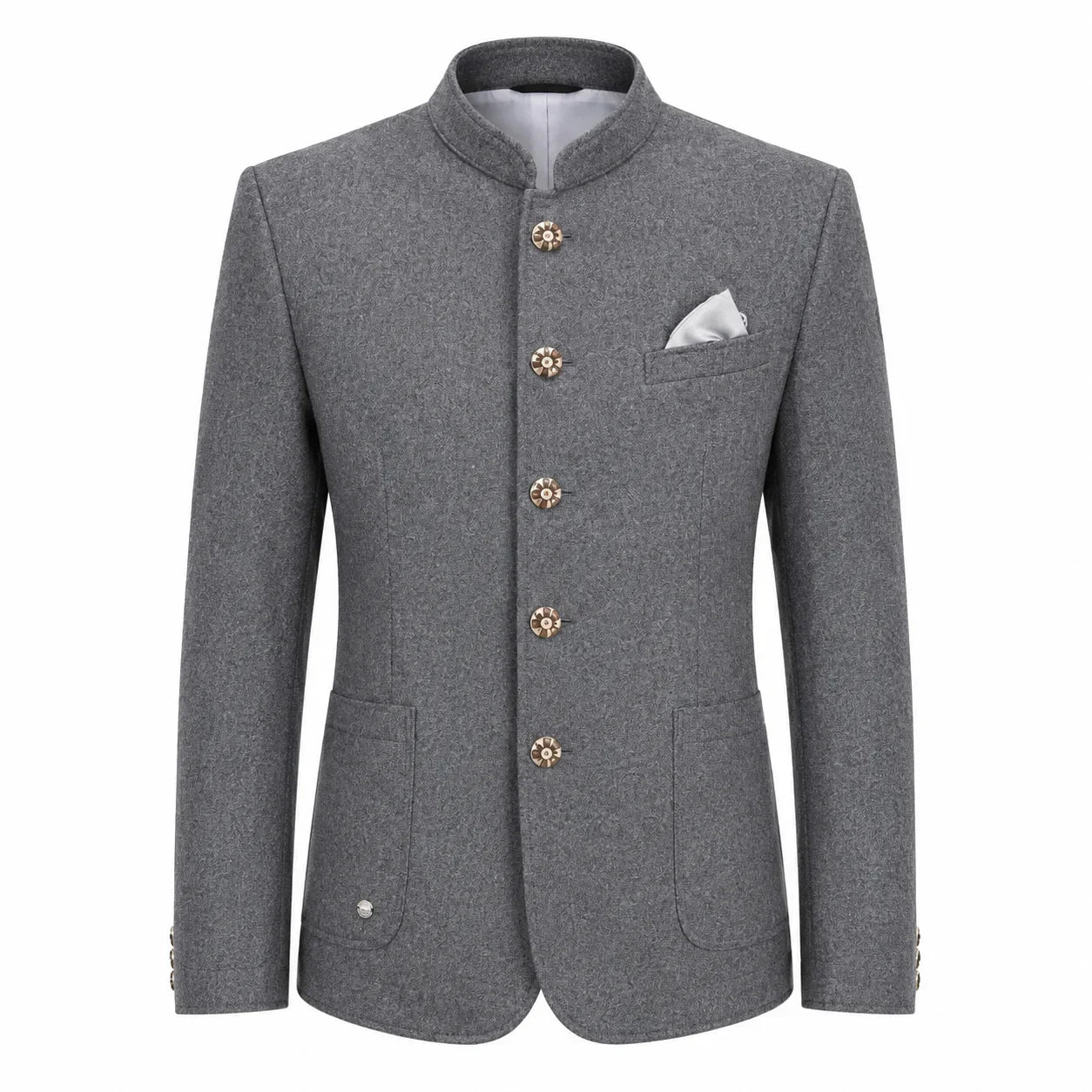 A men's gray textured blazer with a mandarin collar, decorative gold-tone buttons, a white pocket square, and flap pockets, shown on a plain white background.
