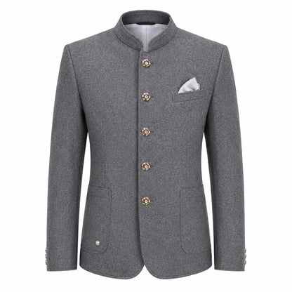 A men's gray textured blazer with a mandarin collar, decorative gold-tone buttons, a white pocket square, and flap pockets, shown on a plain white background.