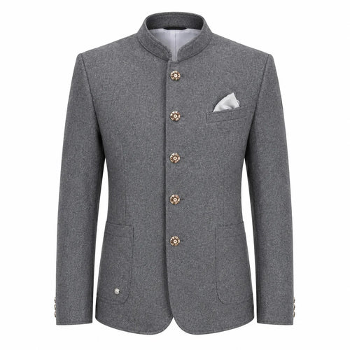 A men's gray textured blazer with a mandarin collar, decorative gold-tone buttons, a white pocket square, and flap pockets, shown on a plain white background.