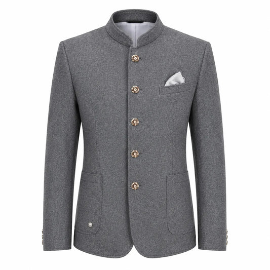 A men's gray textured blazer with a mandarin collar, decorative gold-tone buttons, a white pocket square, and flap pockets, shown on a plain white background.