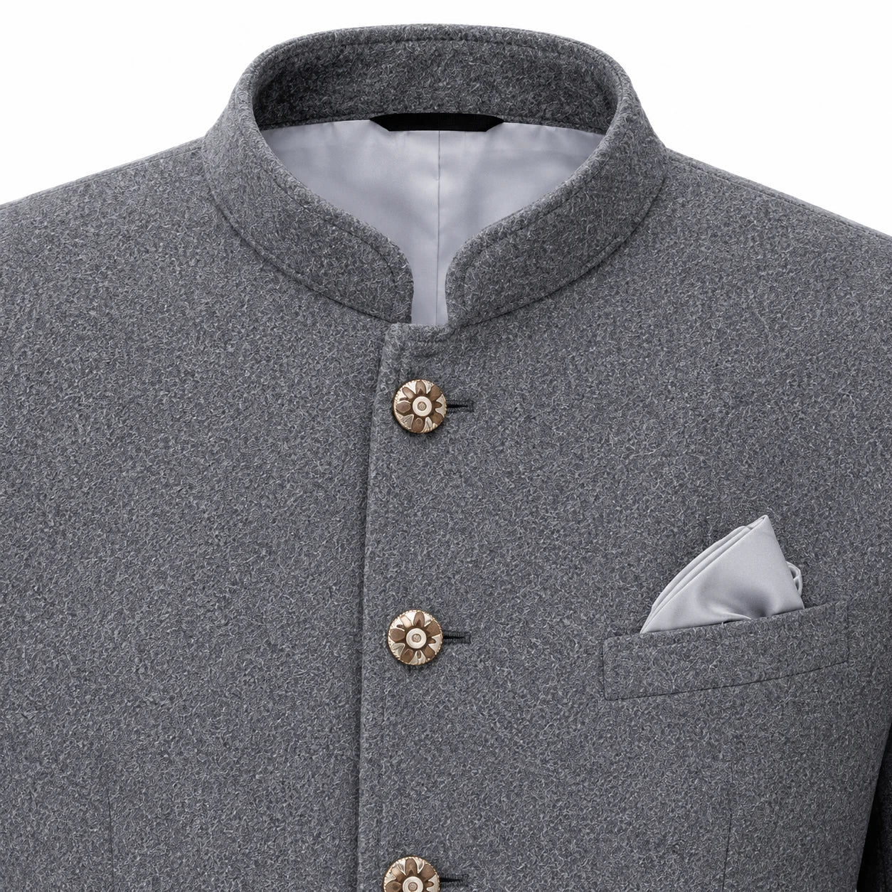 Close-up of a gray textured jacket with a mandarin collar, decorative metallic buttons, and a light gray pocket square in a chest pocket, shown against a white background.