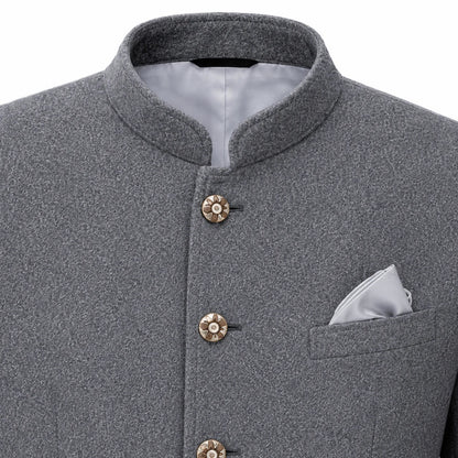 Close-up of a gray textured jacket with a mandarin collar, decorative metallic buttons, and a light gray pocket square in a chest pocket, shown against a white background.