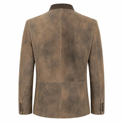 A brown textured suede or nubuck blazer shown from the back, featuring a central seam, notched lapels, and three buttons on each sleeve cuff, set against a plain white background.