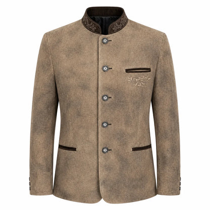 A men's traditional-style jacket in a textured taupe-brown fabric, featuring a mandarin collar with dark brown embroidered detailing, a front button closure, and a decorative embroidered pocket on the chest.