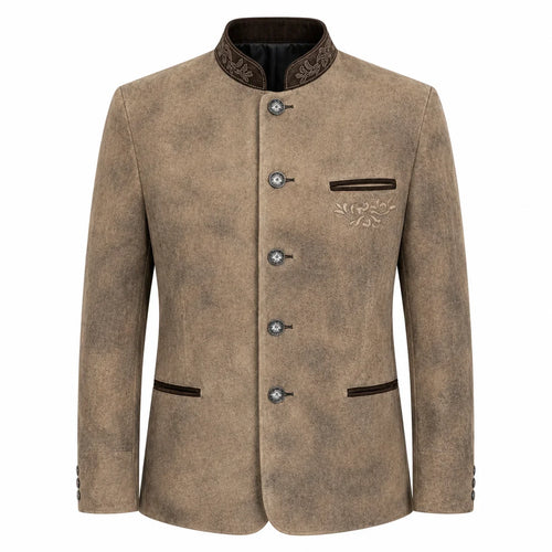 A men's traditional-style jacket in a textured taupe-brown fabric, featuring a mandarin collar with dark brown embroidered detailing, a front button closure, and a decorative embroidered pocket on the chest.