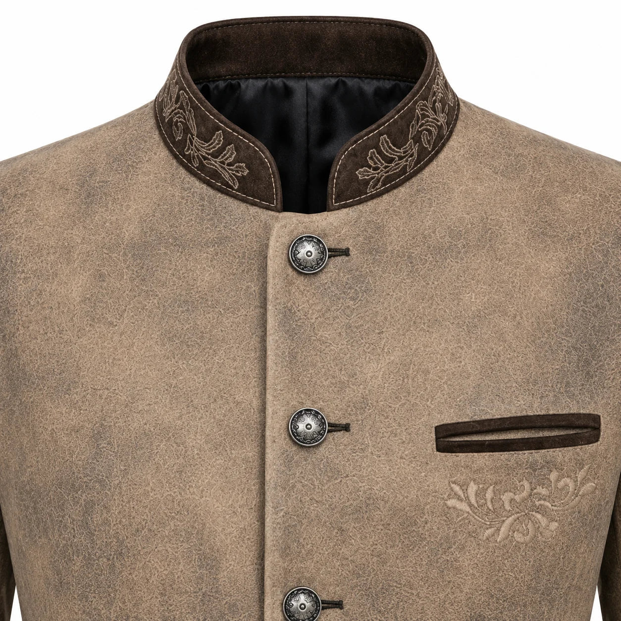 A close-up of a men's traditional jacket featuring a textured taupe-brown body, dark brown mandarin collar with floral embroidery, decorative metal snap buttons, and a matching dark brown welt pocket on the chest.