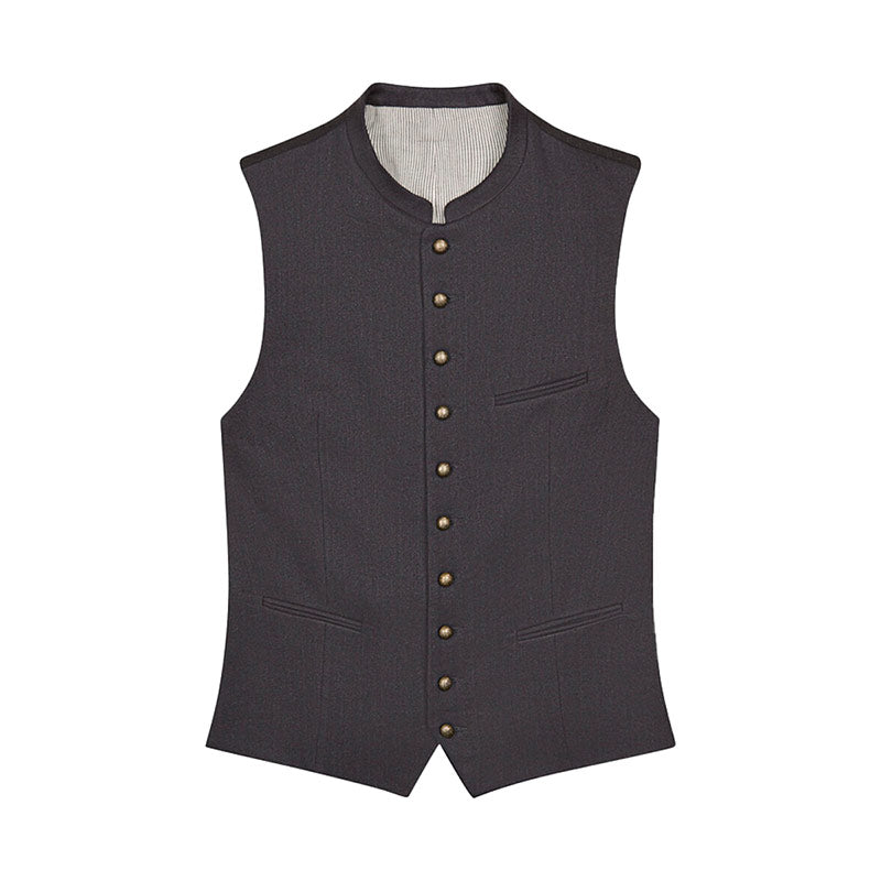 Dark gray vest with button details on a white background