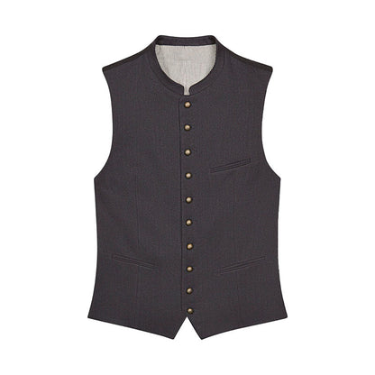 Dark gray vest with button details on a white background