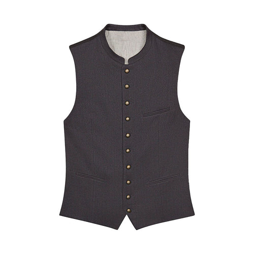 Dark gray vest with button details on a white background