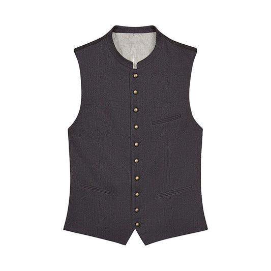 Dark gray vest with button details on a white background