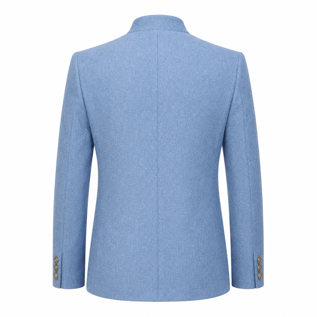 A light blue textured blazer shown from the back, featuring a high collar, structured shoulders, and three gold buttons on each cuff, set against a plain white background.