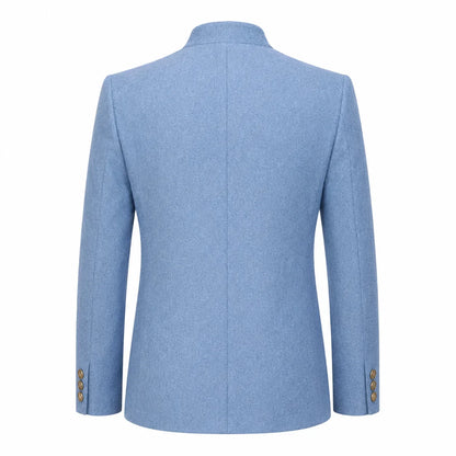 A light blue textured blazer shown from the back, featuring a high collar, structured shoulders, and three gold buttons on each cuff, set against a plain white background.
