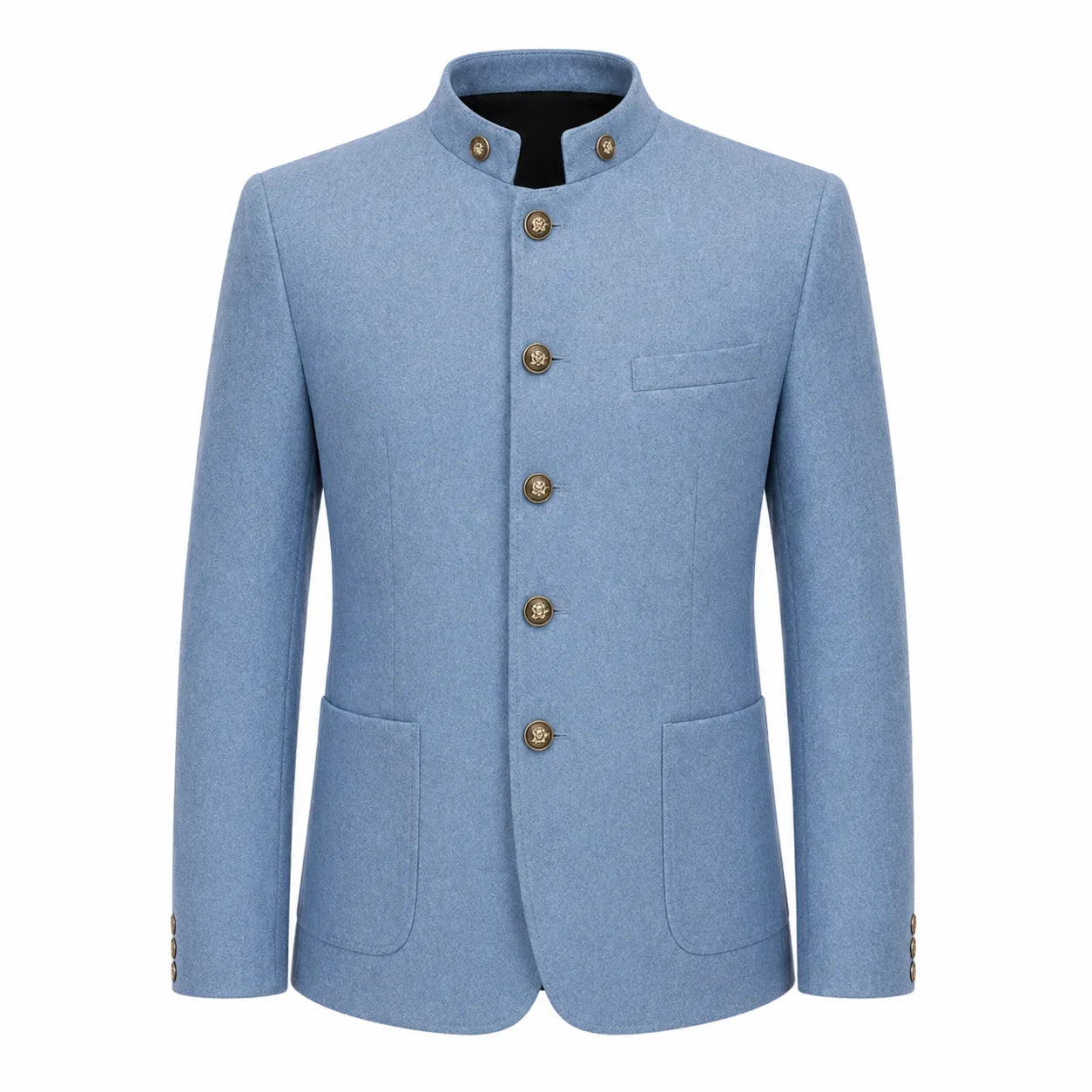 A men's light blue wool-blend jacket with a mandarin collar, five decorative gold-tone buttons, and front flap pockets, shown on a plain white background.