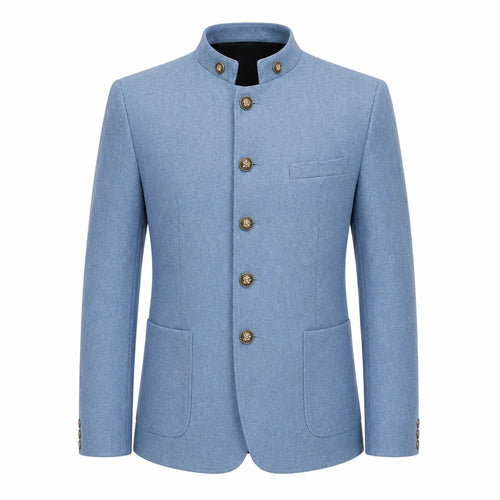 A men's light blue wool-blend jacket with a mandarin collar, five decorative gold-tone buttons, and front flap pockets, shown on a plain white background.