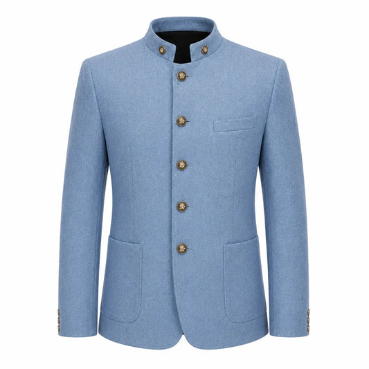 A men's light blue wool-blend jacket with a mandarin collar, five decorative gold-tone buttons, and front flap pockets, shown on a plain white background.