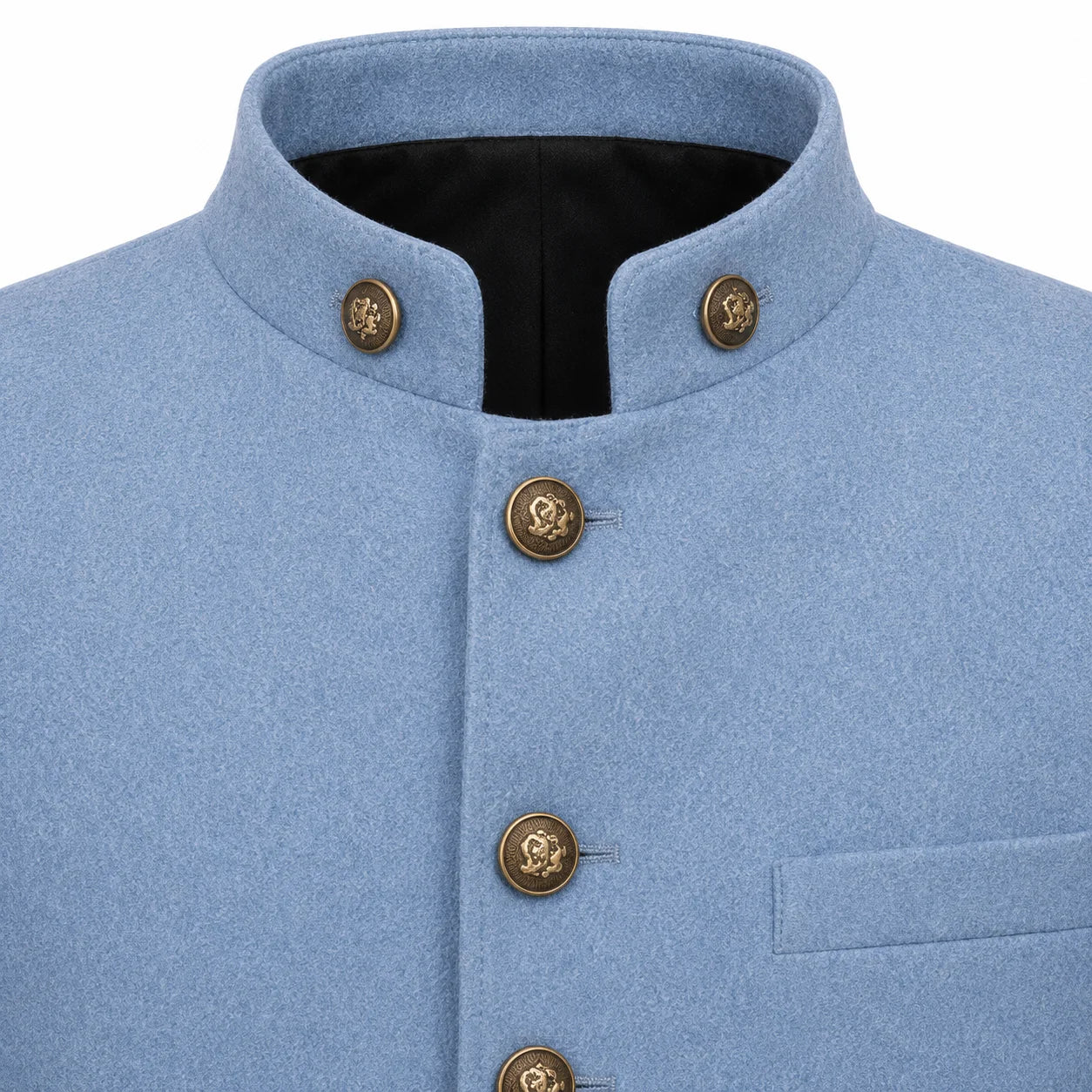 Close-up of a light blue wool-blend jacket with a mandarin collar, bronze decorative buttons, and a black inner lining.