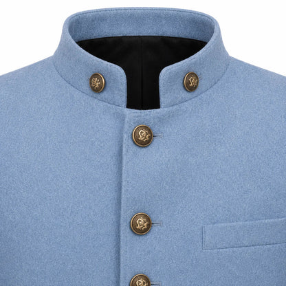 Close-up of a light blue wool-blend jacket with a mandarin collar, bronze decorative buttons, and a black inner lining.