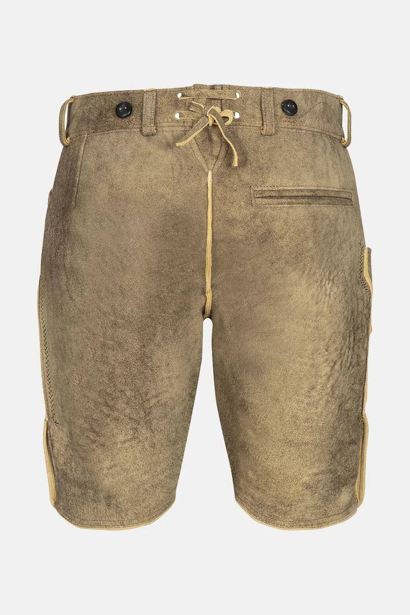 Brown denim shorts with a drawstring on a white background